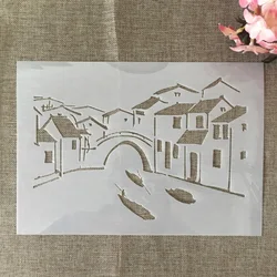 A4 29cm Chinese Water Town DIY Layering Stencils Wall Painting Scrapbook Coloring Embossing Album Decorative Template