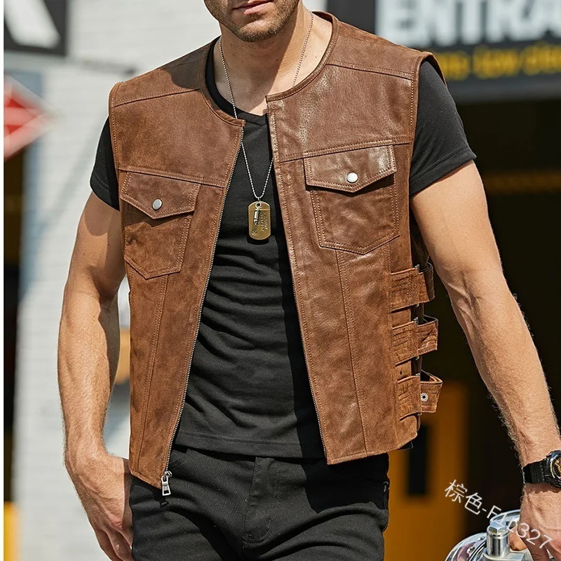 Men's PU Leather Vest Jacket Zipper Side Adjustment Strap Slim Fit For Casual Sleeveless Jacket Male Vest Jacket Clothing