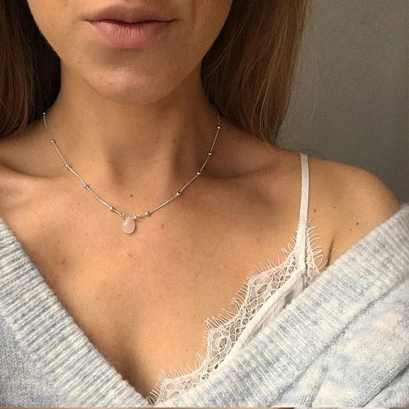 Beaded silver necklace, opalite moonstone style necklace, silver layered necklace,Rose quartz necklace