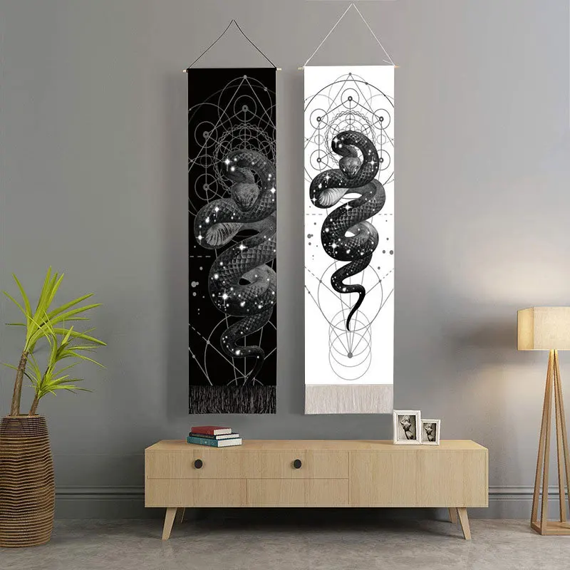 Rectangular Bohemia Wall Hanging Snake Tassel Tapestry Black Moon Wall Background Blanket Home Bedroom Office Wall Decoration