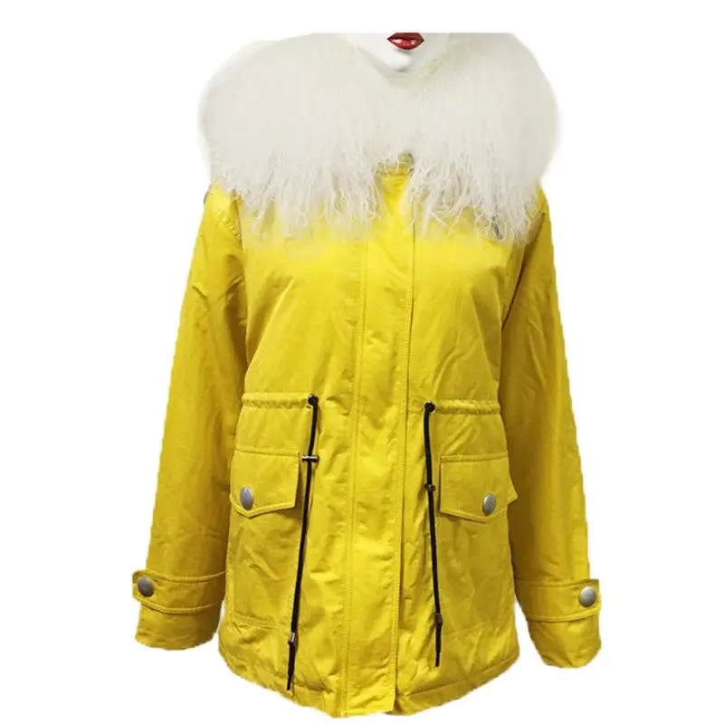 Yellow Short Faux Fur Coat In Winter For Women White Real Lamb Fur Collar With Hoodies Daily Windproof S-4XL