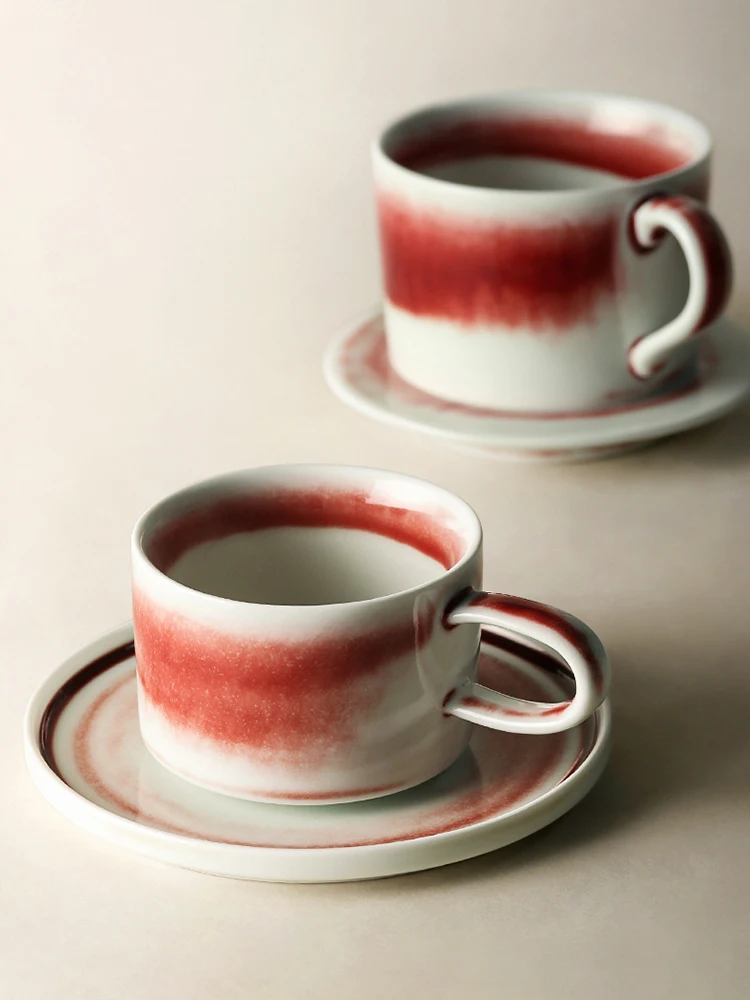 

Retro Japan Style Coffee Cups With Saucer Creative Red White Mixed Color Home Use Cafe Shop Resturant Drinkware 210ml 310ML