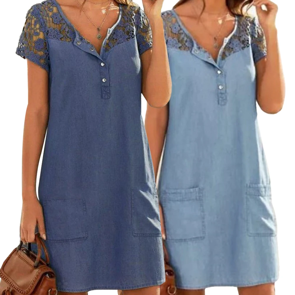 Embroidery Mesh Lace Denim Dress Patchwork Slim Women Short Sleeve Pure Color Thin A-line Jeans Dresses Plus Size S-2XL