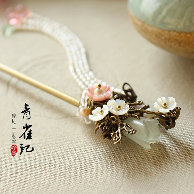 

Handmade Hairpin Complex Classical Hairpin Tassels Hair Clasp Xiuyan Jade Pearl Chinese Accessories Antique Style Headdress