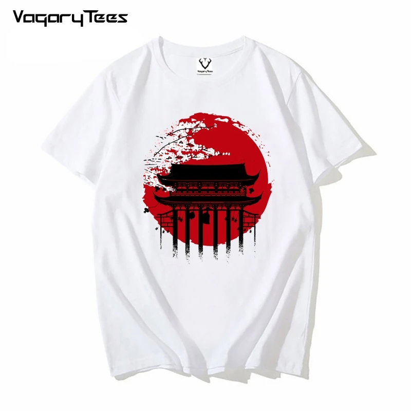 

VagaryTees Newest Summer Men Fashion Temple Cherry tree Printed Short Sleeve Japanese style Popular Design Tops Novelty