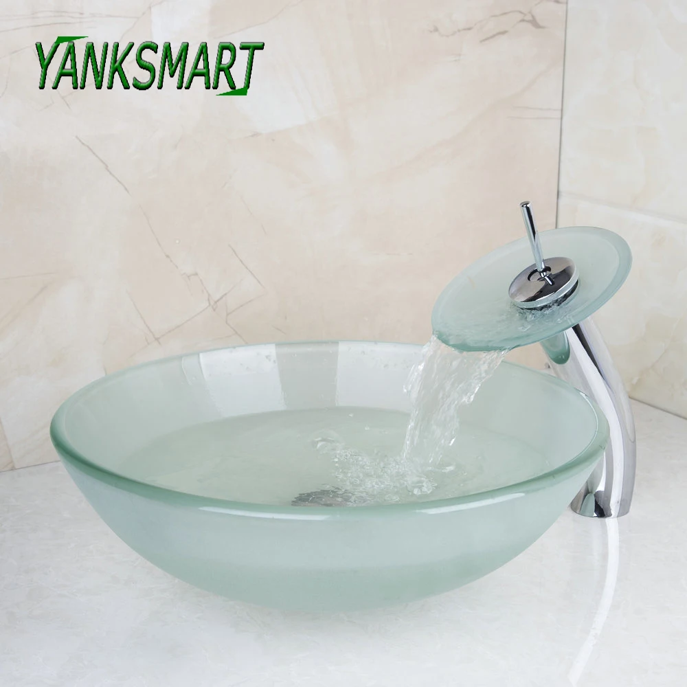 

YANKSMART Transparent Glass Tempered Round Washbasin Bathroom Basin Sink Faucet Sets Deck Mounted Mixer Tap With Pop-up Drain