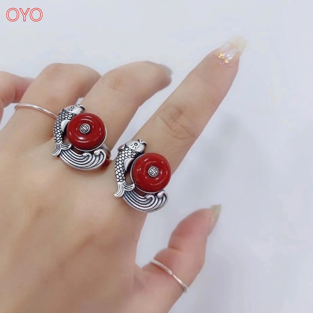 

Real S990 Pure Silver South Red Fairy Fish Female Ring Retro Matte Trend Index Finger Ring