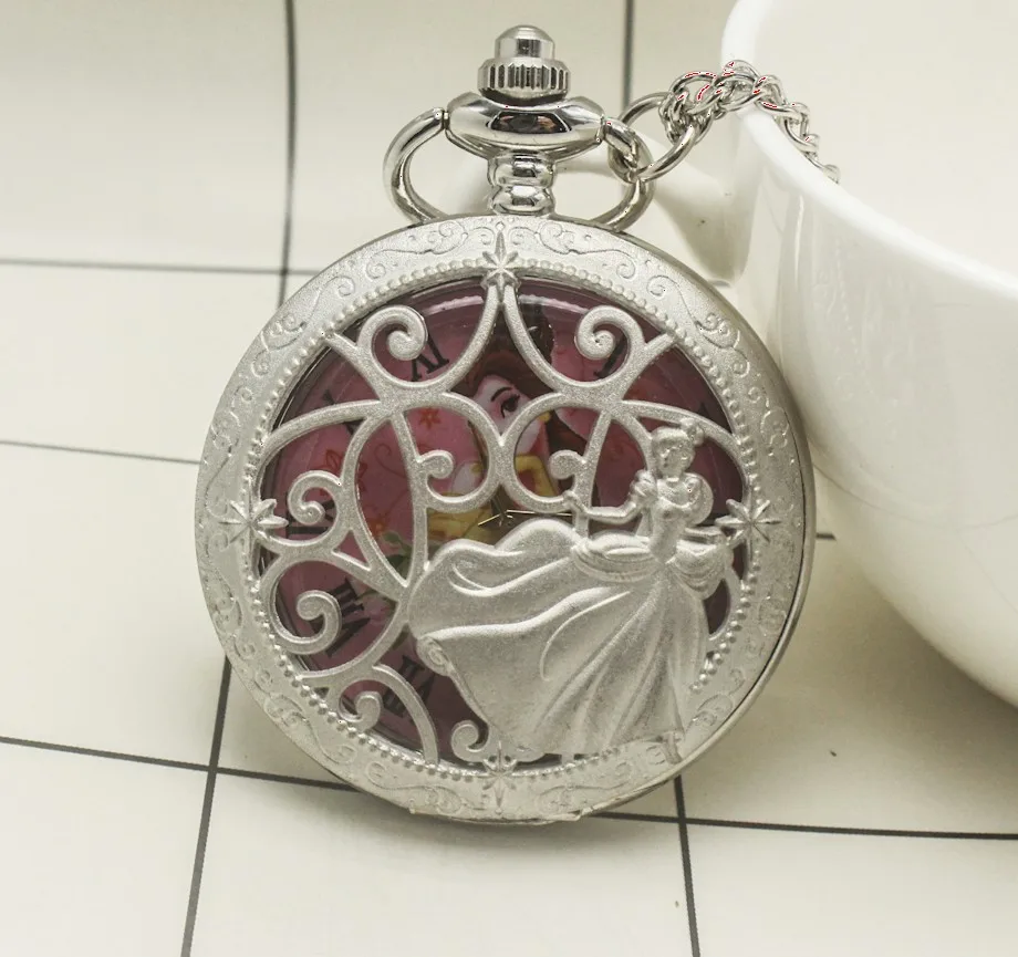 Silver Princess Design Hollow Quartz Pocket Watch Lovely Pink Dial Roman Numerals Display Necklace Watch Gifts for Lady Girl