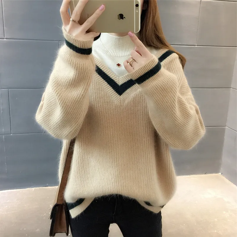 

Autumn Winter Thick Half High Collar Knitted Sweater Women Jumpers Ladies Loose Fake Two Patchwork Knit Pullovers Tops Female