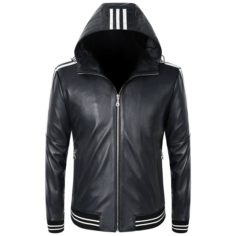 

Genuine Fashion Men Jacket Hood Sheepskin White Stripes Real Leather Jackets Dark Blue Coat Hooded Spring Autumn S-3XL