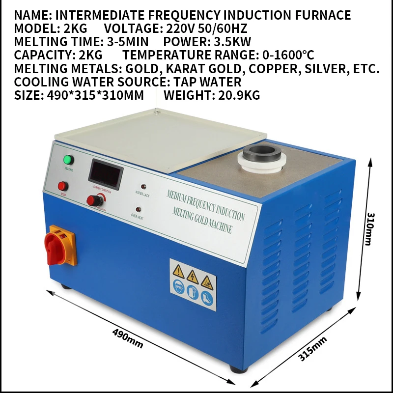 2kg Medium Frequency Induction Gold Melting Furnace, Gold Smelting Machine, High Temperature Resistant Graphite Crucible