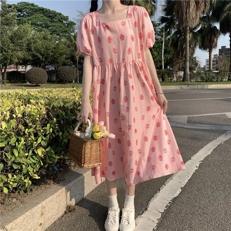 Pink Sweet Strawberry Dress Women Summer Japan Style Kawaii Fairy Long Dresses Ladies Y2k Casual Princess Korean One-piece Dress