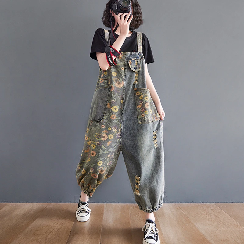 Casual Loose Plus Size Jeans Jumpsuits Women Spring Autumn Print Floral Denim Overalls Wide Leg Dungarees Straps Baggy Pants