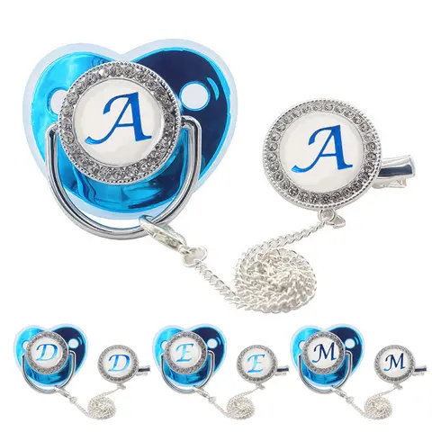 Name Initial Letters Baby Pacifier with Clips Lids Rhinestone Blue Luxury Pacifier Newborn Baby Boys Silicone Nipple Baby Shower