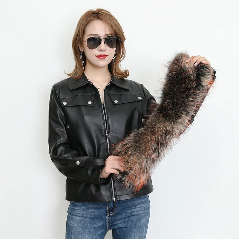 Real Women Fur Collar Sheepskin Coat Streetwear Short Warm Straight Genuine Leather Jacket Luxury Raccoon Fur Slim Fit Outerwear