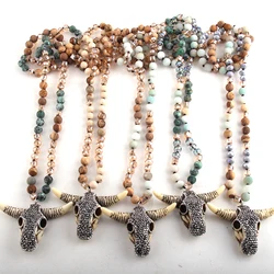 RH Fashion Bohemian Tribal Jewelry Crystal / Natural Stone Long Knotted Beige Crystal Horn Pendant Necklaces For Women Necklace