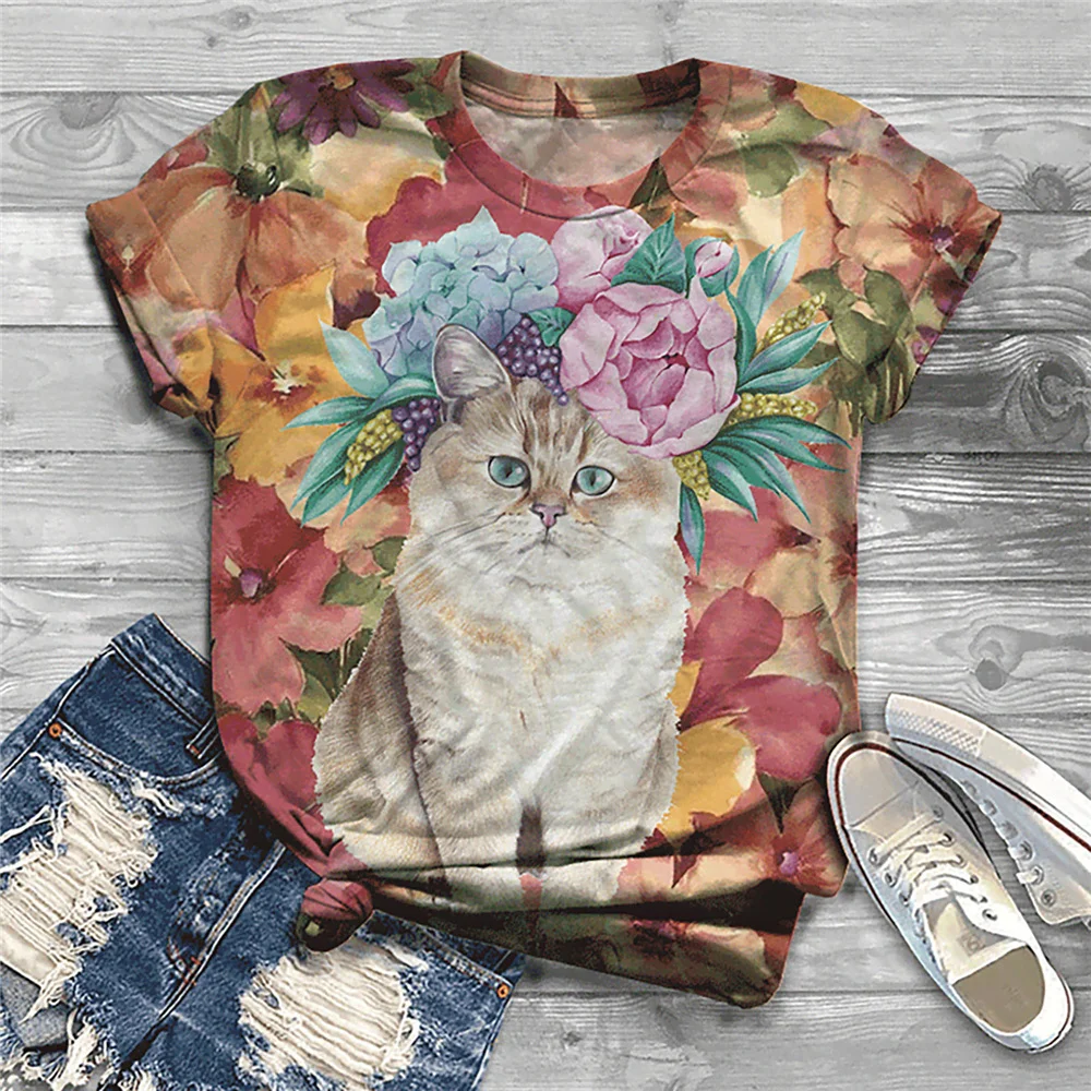 

2021 Summer Top New Round Neck Animal Cat Print Casual Top T-Shirt Women Retro Loose Short Sleeve Women T-Shirts