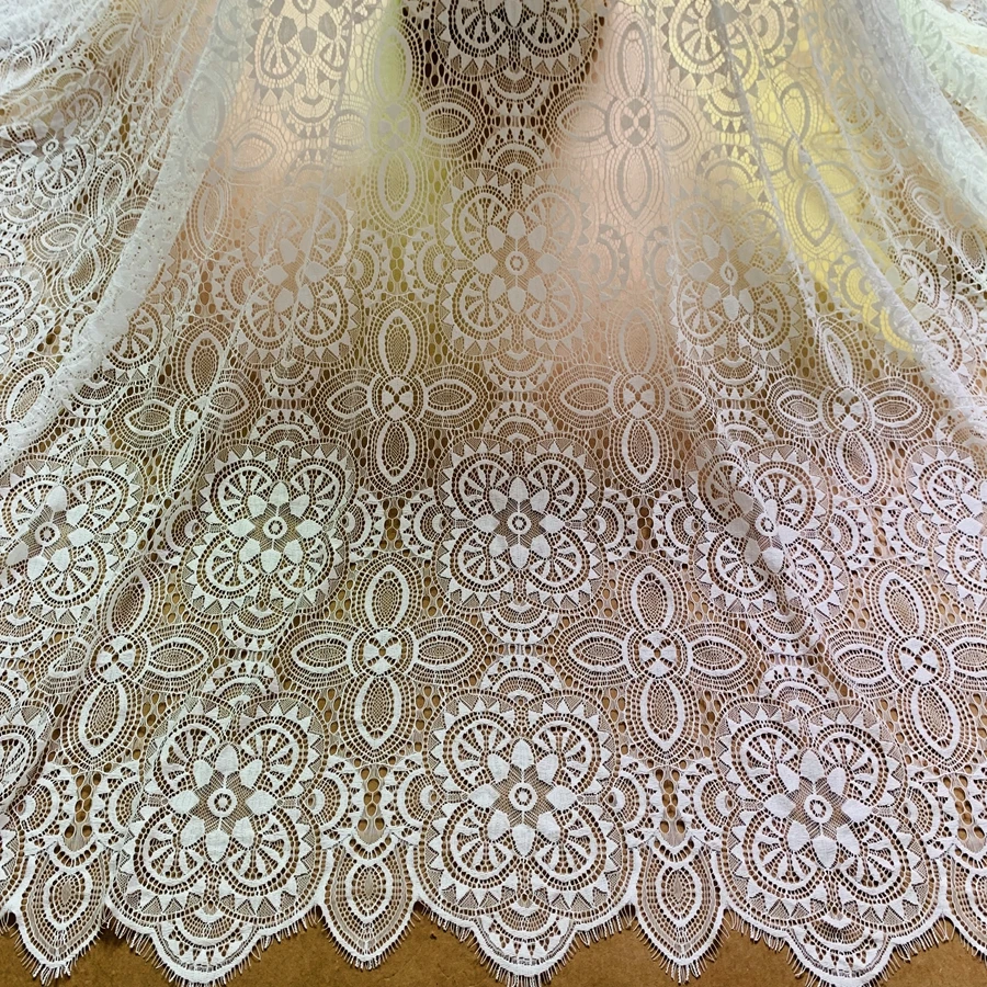 SOFT Quality Geometric Style Eyelash French Lace Fabric Dress Material 1 Piece=1.5x3 Meters Off White Black Color