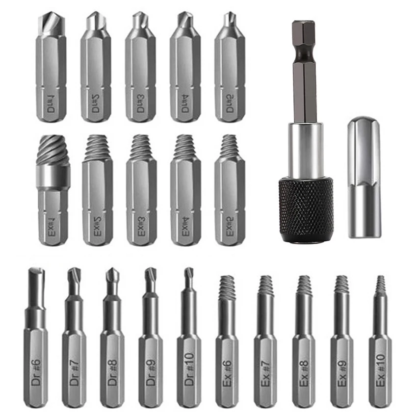 22 pz/set estrattore di viti/Set di punte da trapano con supporto per punte, adattatore per presa, gambo da 6.35mm e 4mm, estrattore di viti rotte