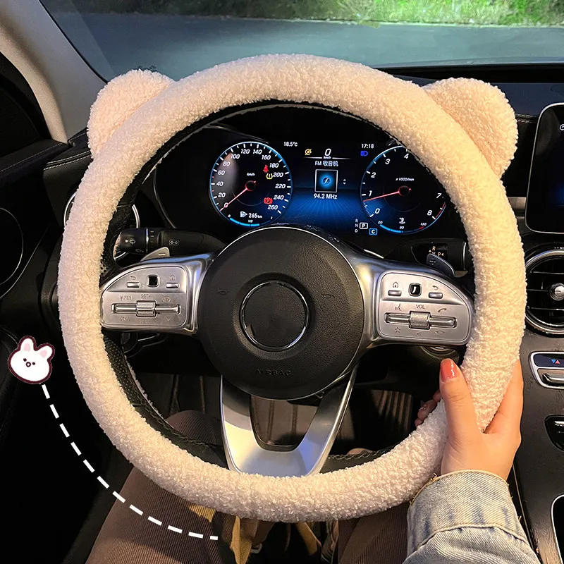 

New WInter Warm Soft Plush Cartoon Bear Ear Car Interior Accessories Car Steering Wheel Cover Handble Cover