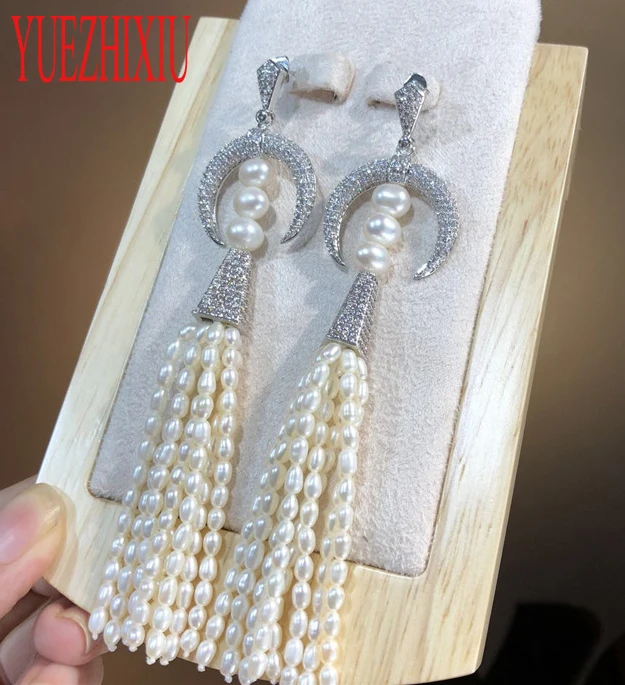 Hot sell European American styles natural white freshwater pearl micro inlay zircon Moon earrings fashion jewelry