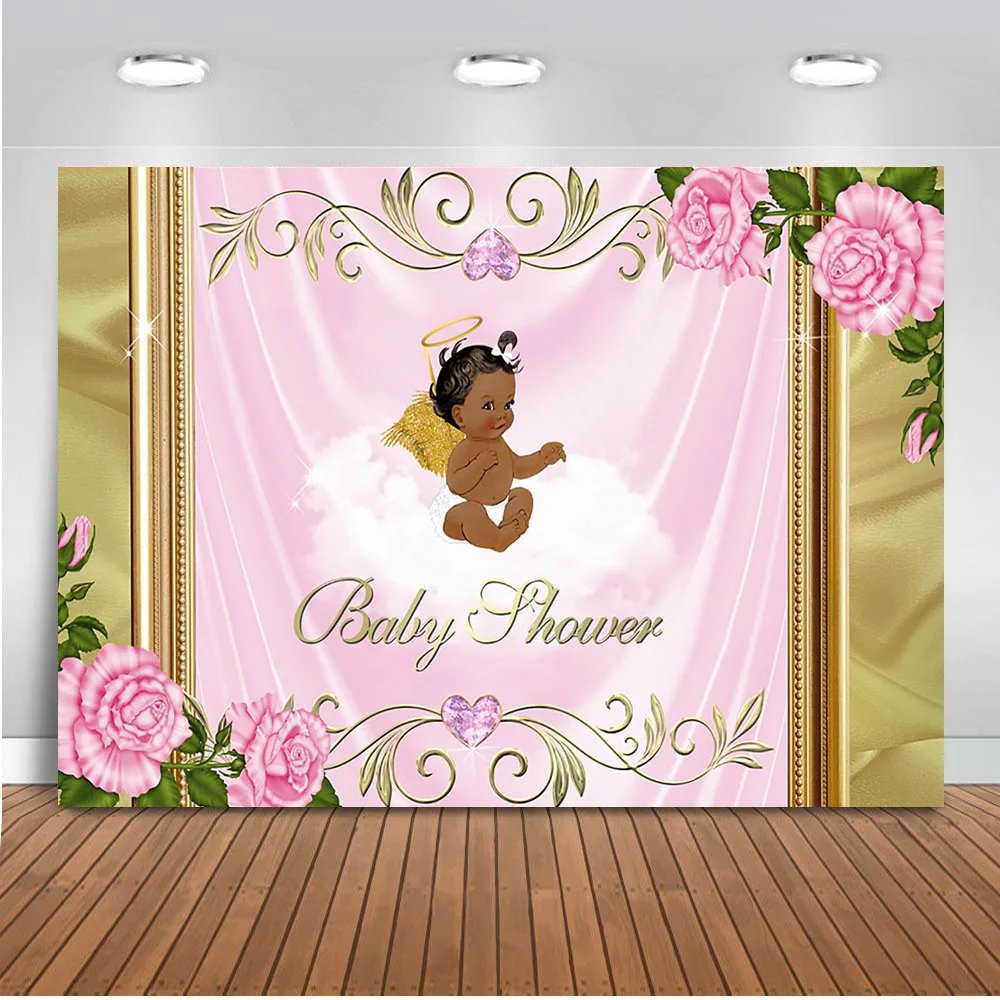 Angel Theme Baby Shower Party Photo Background Pink Flowers Gold Shiny Newborn Photography Backdrop Gem Golden Wing Photocall