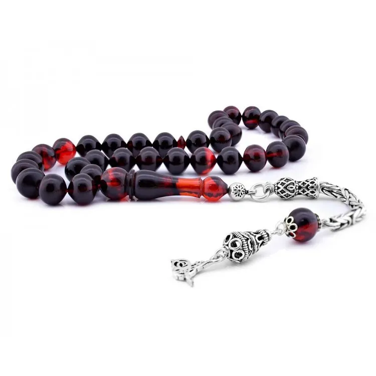 33 Beads Squeezed Amber Muslim Prayer Tasbih Misbaha Islamic Jewelry Subha Capsule Cut Tassel 925 Caliber Silver