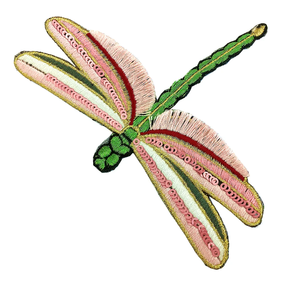 10pc Pink 3D Dragonfly Embroidery Patch Sequin Beaded Patches For Clothing Applique Clothes Parches Bordados Ropa Sew On AC1516