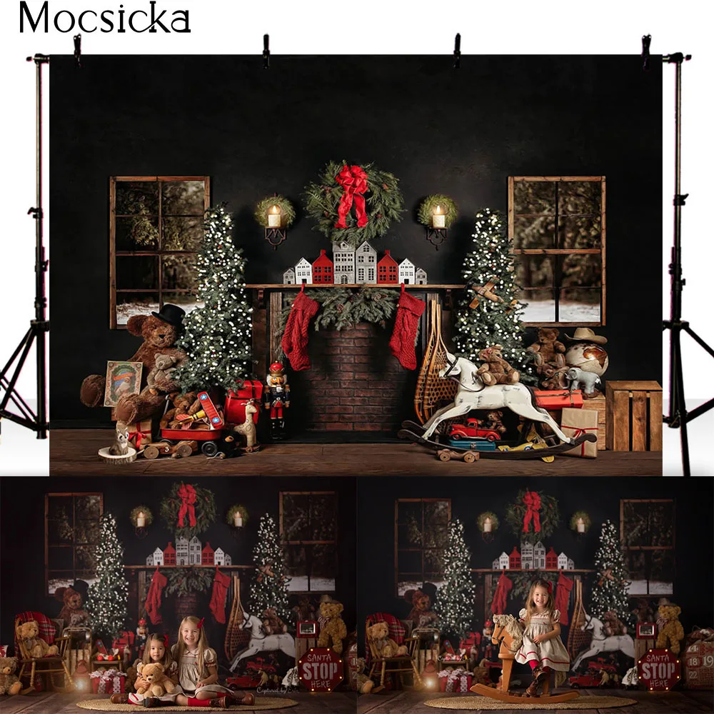 

Christmas photography backdrop brick fireplace windows toys socks gifts background for photo studio Christmas tree Photocall