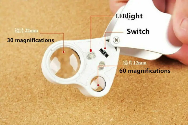 Two Loupes in1 30x 60x Jeweler's Loupe Dual lenses Band Light Antique geology Magnifier 22mm Lens