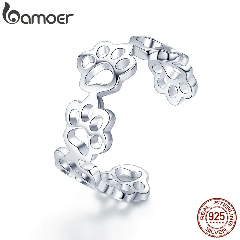 BAMOER 925 Sterling Silver Adjustable Cat And Dog Footprints Pet Paw Trail Rings for Women Party Silver Jewelry SCR424