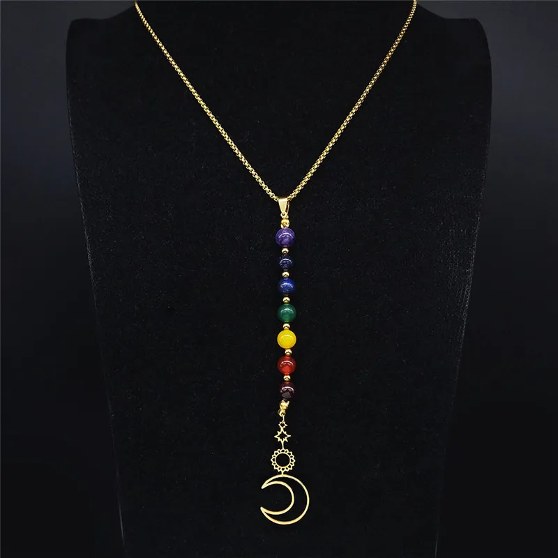 Sun Moon Yoga 7 Color Chakra Stone Stainless Steel Long Chain Necklaces for Women Gold Color Necklaces Jewelry N6354S04