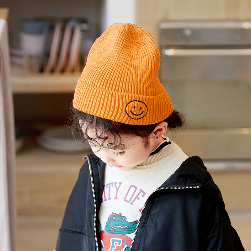 Baby Solid Color Cartoon Smile Embroidery Knitted Hats Kids Girls Boys Autumn Winter Warm Beanies Caps