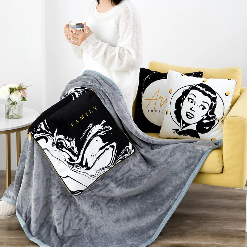 

Black White Printed Cushion Blanket Thickened Flannel Blankets Home Office Decor Pillow Air Conditioner Quilt Sofa Cuhsions