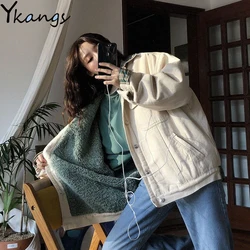 Plus Velvet Thick Autumn And Winter Cotton Clothing New Korean Stitching Women'S Fashion Coat Female Student Short Denim Jacket