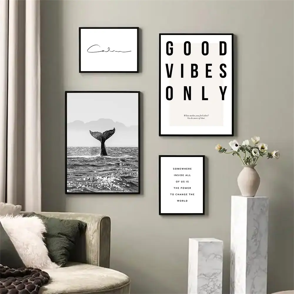 

Nordic Whale Poster Good Vibes Only Art Print Quotes Wall Art Canvas Painting Black And White Pictures Modern Living Room Decor