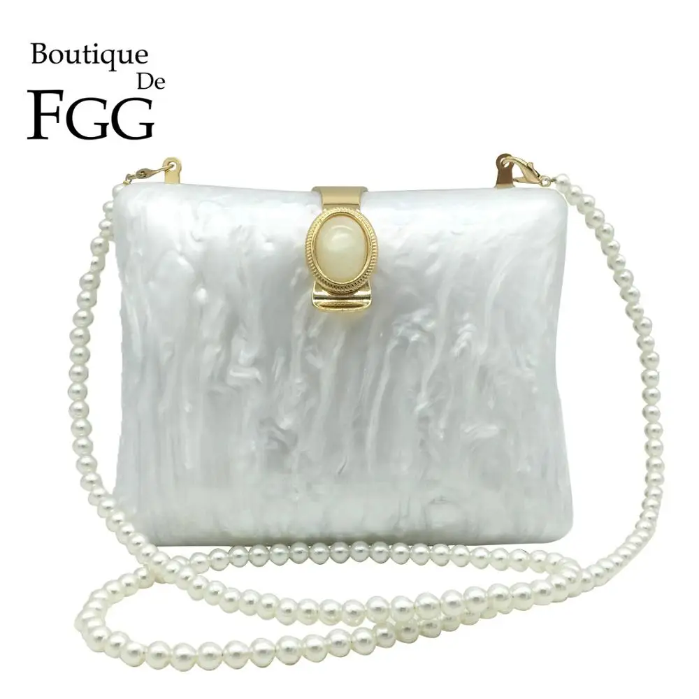 Boutique De FGG Elegant Mother Pearl Women Clutches Acrylic Evening Handbags Party Cocktail Shoulder Purses Cross-body Bag