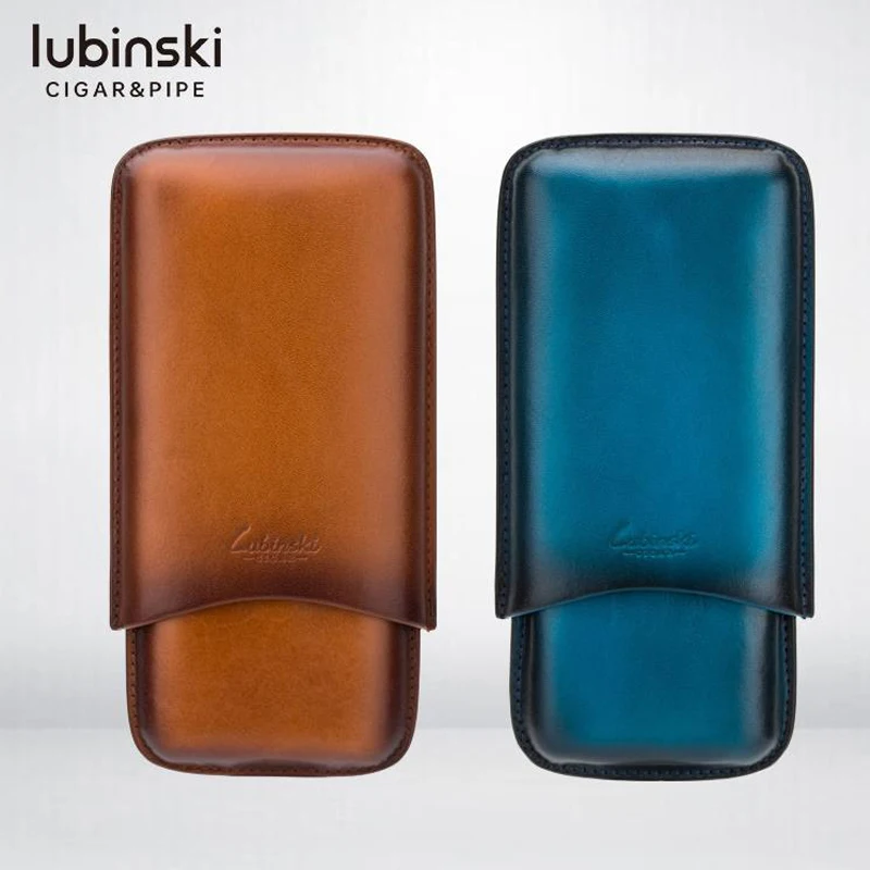 LUBINSKI Elegant Cigar Accessories Travel Cigar Genuine Leather Case 3 Tubes Holder Cigar Humidor Cigarette Case W/Gift Box