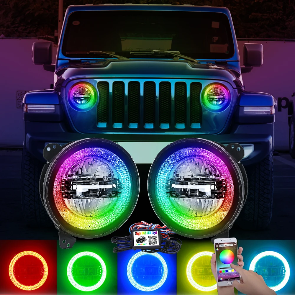 

for Jeep Wrangler JL 2018 RGB 9inch LED Projector Headlights with Halo Lights hi-low beam and JL Sport connector plug in play