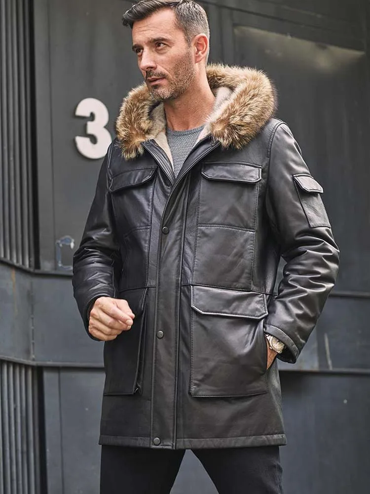 Imported Cowhide Jacket Mens Mink Coat Long Winter Overcoat Black Leather Parkas Fur Outwear