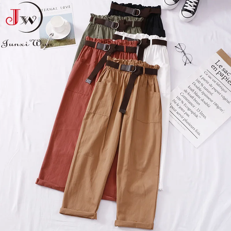 

2022 Spring Summer Women Bow Belt Solid Elastic Waist Casual Pants Korean Sweet Girls Ankle-Length Loose Cotton Long Trousers