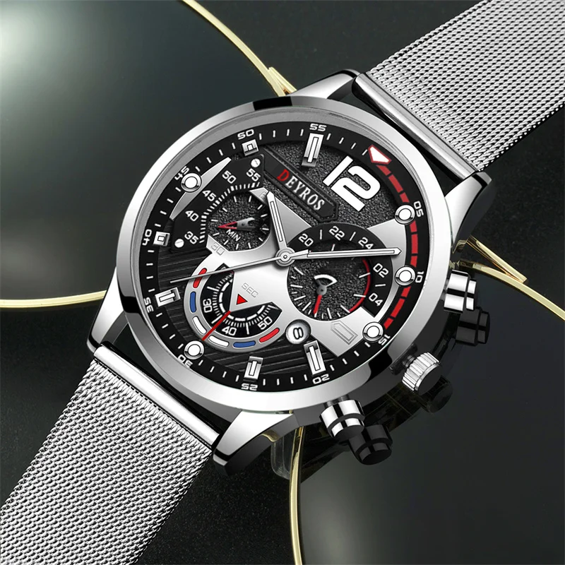 Fashion Men\'s Watches Stainless Steel Mesh Belt Quartz Watch for Men 2023 Male Business Calendar Luminous Hands Leather Clock