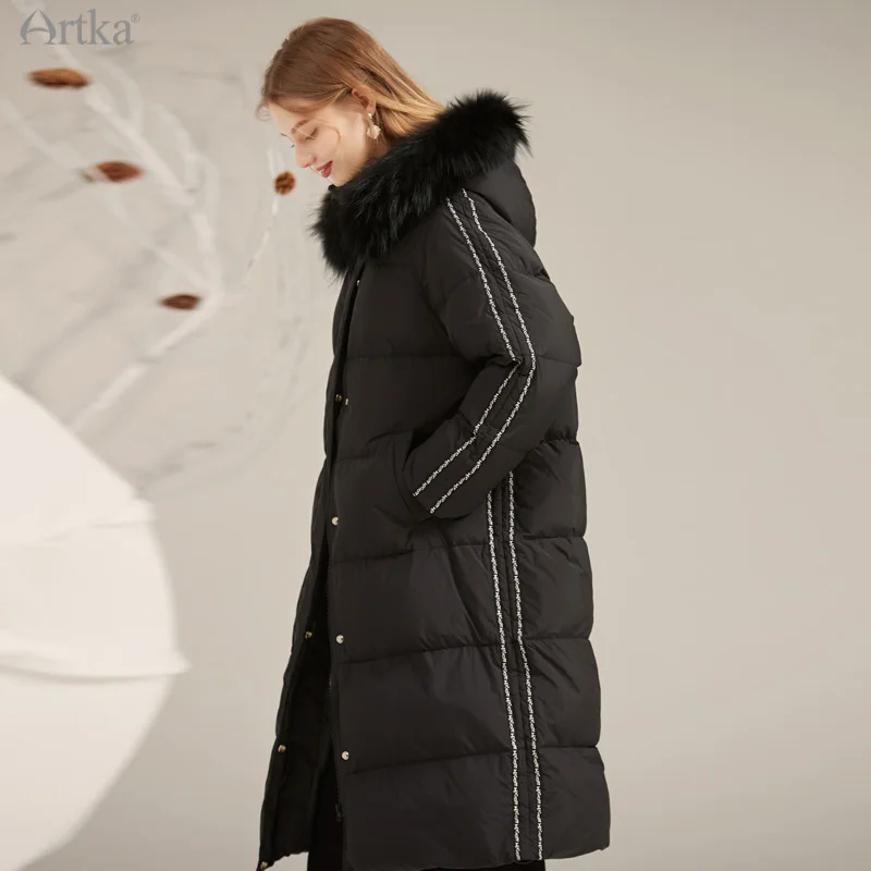 ARTKA 2021 Winter New Women Down Coat Fashion Casual 90% White Duck Down Coat Long Hooded Fur Collar Black Warm Coats YK20011D