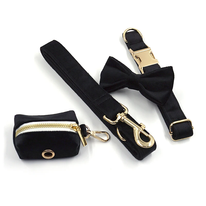 Black Velvet Dog Harness Personalized High Quality Durable Dog Collar with Gold Metal Buckles Quick Release Pet Collar and Leash