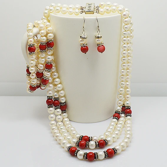 

Beautiful Women Gift Pearl Jewelry Luck Red Coral Rhinestone White Genuine Freshwater Pearl Necklace Bracelet Earrings Set