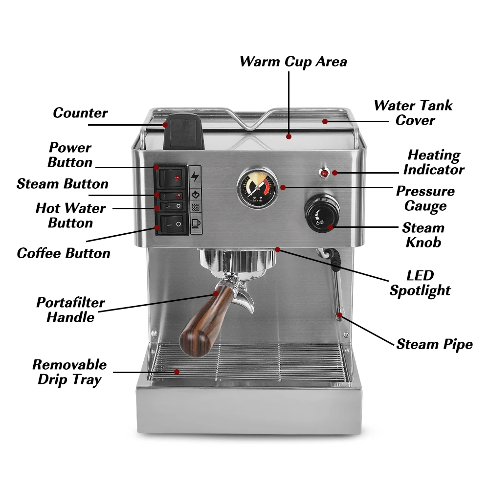 ITOP 9~15 Bar Espresso Coffee Maker Machine 58mm Portafilter Semi-automatic Espresso Coffee Machine 3.5L Water Tank 220V-240V