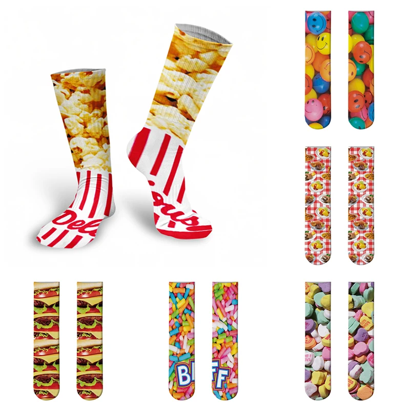 Owoce cukierki drukowane kobiety skarpetki dziewczyny śmieszne szczęśliwe Harajuku długie skarpetki bawełniane Unisex czekoladowe Popcorn uśmiechnięte skarpetki dla kobiet