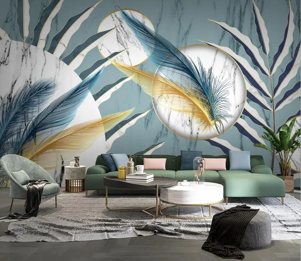 

Geometric Marble Plant Leaf Feather TV Background Wall Painting Home Decor Living Room Bedroom Custom Size 3d wallpaper murals