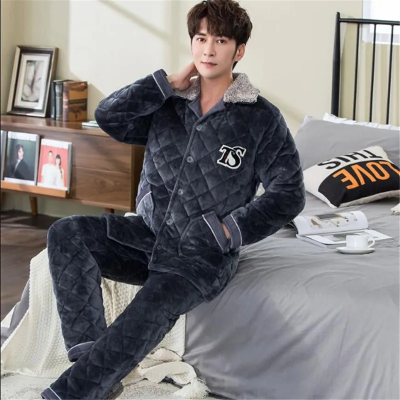 Male Flannel Warm Sleepwear Thermal Winter Thick Coral Fleece Men Pajamas Sets of Sleep Tops & Bottoms  Home Clothing