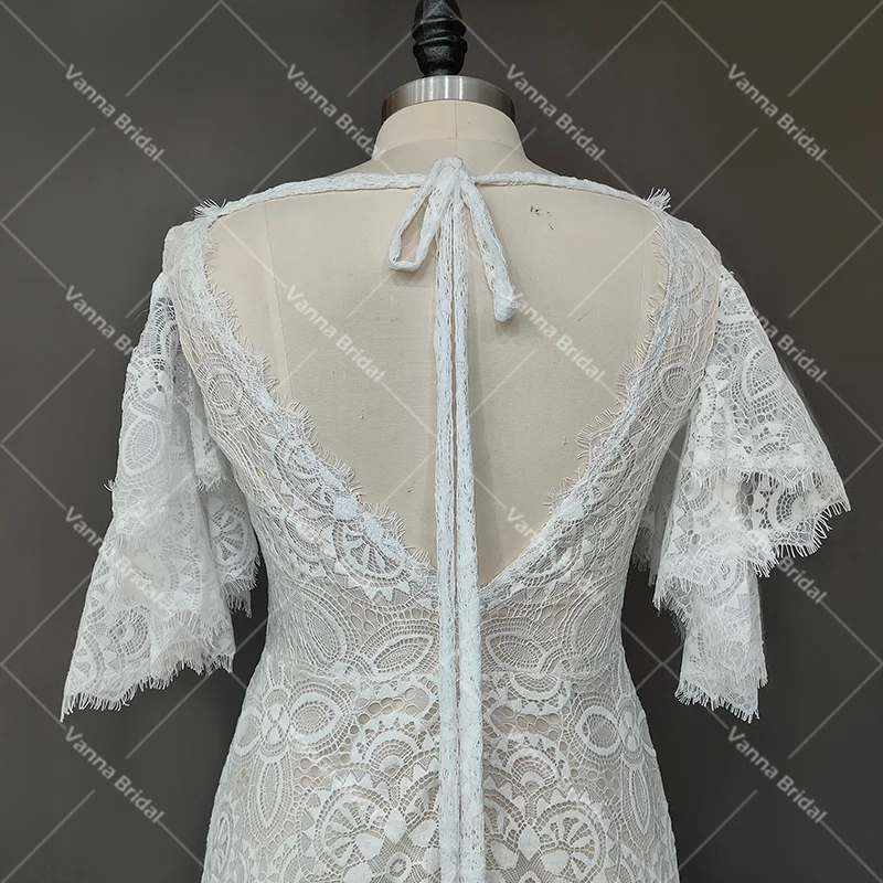 Short Flutter Sleeves Lace Sheath Wedding Dress Backless Customized Plus Size Open Back Sweep Train Rustic V Neck Bride Gown